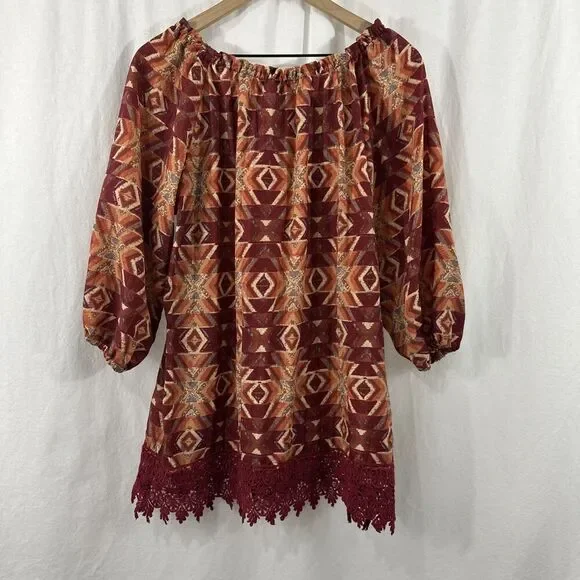 Westbound Lot of 2 Colorful Peasant Boho Crochet Trim Tunic Tops Womens Size L - Picture 6 of 11
